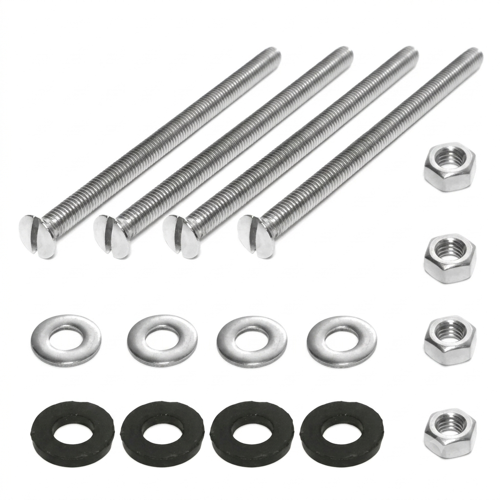 Set of metal screws, washers, and nuts on a white background