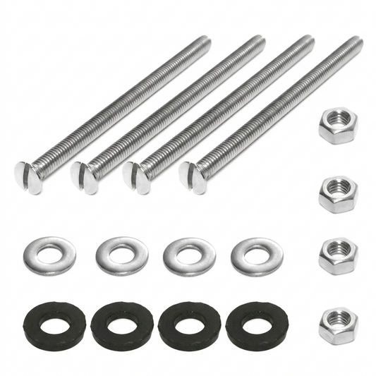 Set of metal screws, washers, and nuts on a white background