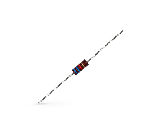 A detailed product photograph on a pure white background, featuring a single, through-hole axial lead electronic resistor placed diagonally. The central body of the resistor is dark maroon, with four color-code bands from left to right: Blue, Red, Red, and Gold. Long, thin, straight metal leads extend from both ends of the body, pointing from the bottom-left to the top-right. A soft, subtle shadow is cast by the resistor on the white surface below.