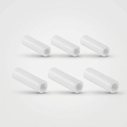 Six white silicone rubber spring sleeves for Garrard 301 and 401 turntable motors, arranged in two rows on a plain gray background.