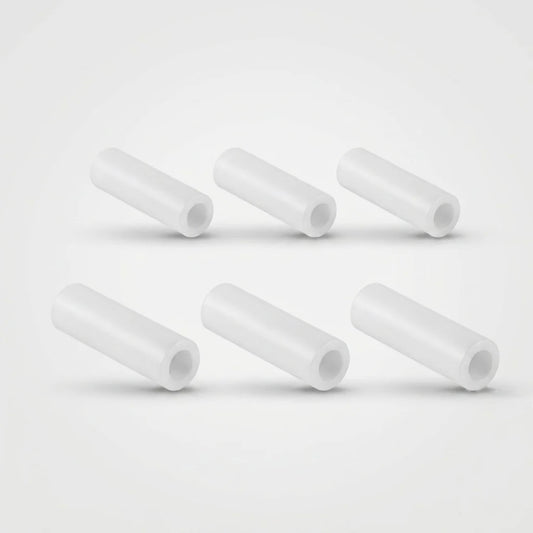 Six white silicone rubber spring sleeves for Garrard 301 and 401 turntable motors, arranged in two rows on a plain gray background.