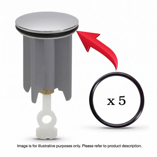 An e-commerce product graphic on a solid white background demonstrating the application of a replacement O-ring seal for a bathroom sink pop-up drain plug. On the left, a grey plastic drain plug with a polished chrome top cap is shown standing upright. A prominent, curved red arrow points from a single black O-ring on the right toward the identical rubber seal fitted just beneath the chrome cap of the drain plug. 