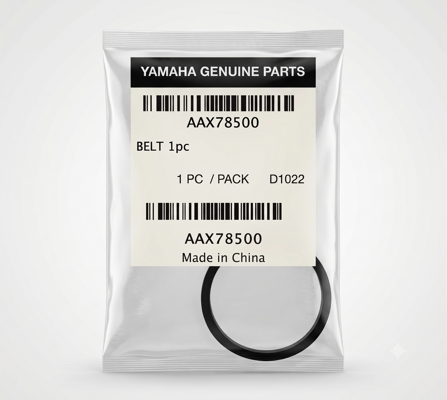 A high-resolution product photograph of a Yamaha Genuine Parts rubber drive belt packaged in a clear, heat-sealed plastic bag. The belt is black and forms a perfect circle, visible at the bottom of the transparent pouch. At the top of the package, a cream-colored paper label is clearly displayed. At the top of the label, a black text bar with white letters reads "YAMAHA GENUINE PARTS". Below this is a barcode, the part number "AAX78500", and the description "BELT 1pc". Below that is more text reading "1 PC 