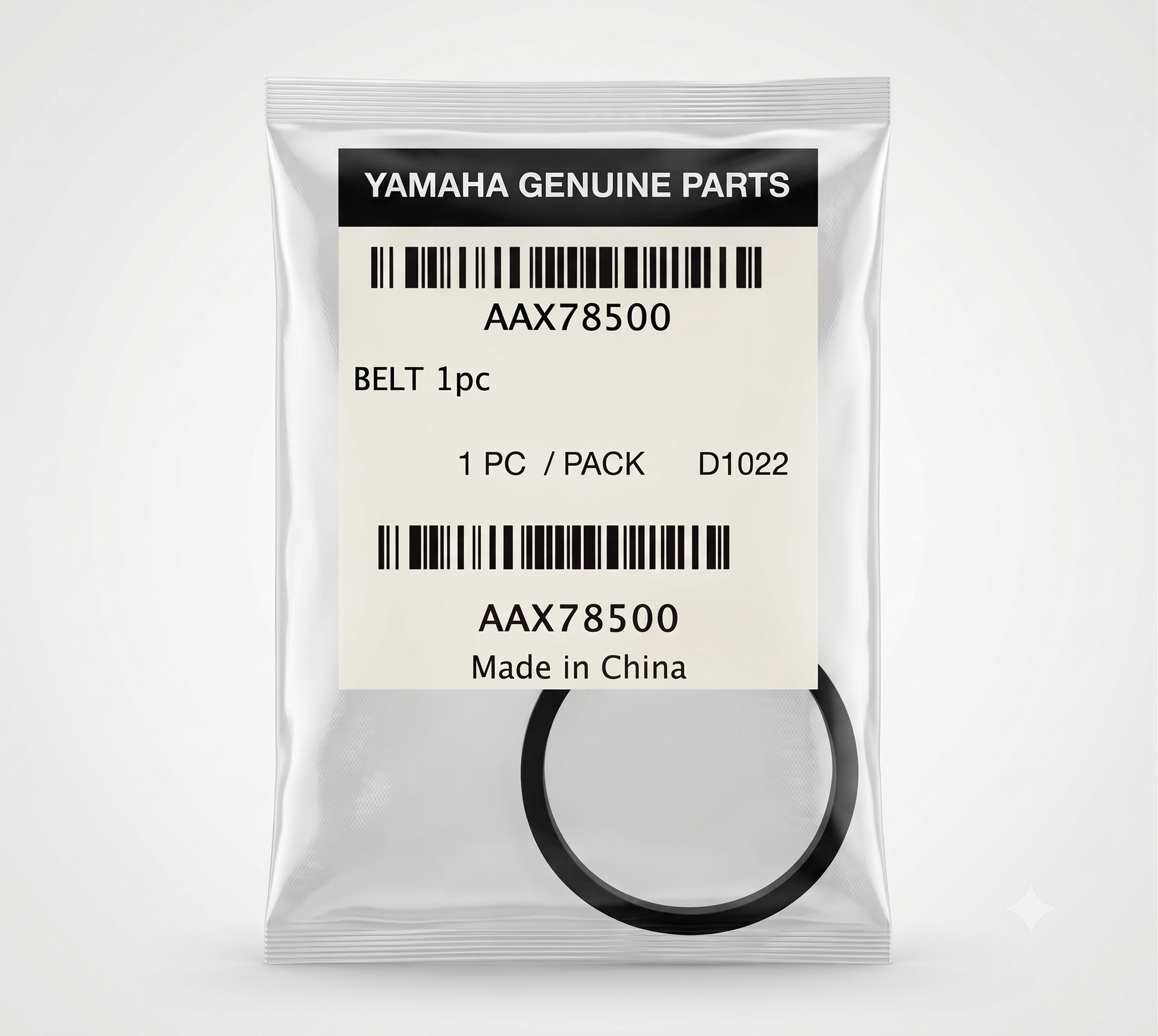 A high-resolution product photograph of a Yamaha Genuine Parts rubber drive belt packaged in a clear, heat-sealed plastic bag. The belt is black and forms a perfect circle, visible at the bottom of the transparent pouch. At the top of the package, a cream-colored paper label is clearly displayed. At the top of the label, a black text bar with white letters reads "YAMAHA GENUINE PARTS". Below this is a barcode, the part number "AAX78500", and the description "BELT 1pc". Below that is more text reading "1 PC 