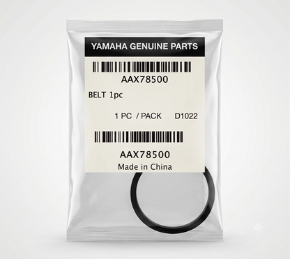 A high-resolution product photograph of a Yamaha Genuine Parts rubber drive belt packaged in a clear, heat-sealed plastic bag. The belt is black and forms a perfect circle, visible at the bottom of the transparent pouch. At the top of the package, a cream-colored paper label is clearly displayed. At the top of the label, a black text bar with white letters reads "YAMAHA GENUINE PARTS". Below this is a barcode, the part number "AAX78500", and the description "BELT 1pc". Below that is more text reading "1 PC 