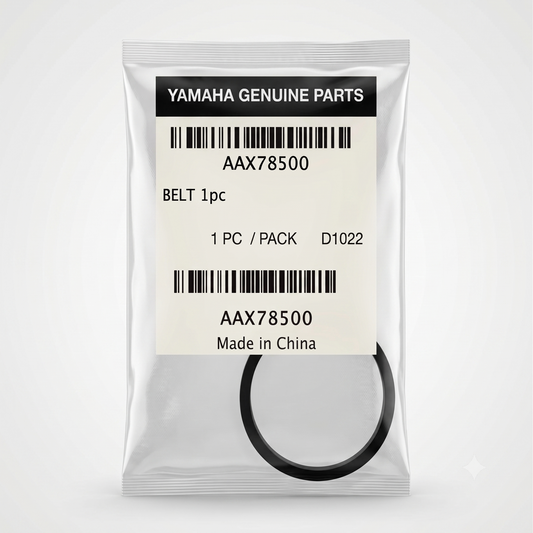 A high-resolution product photograph of a Yamaha Genuine Parts rubber drive belt packaged in a clear, heat-sealed plastic bag. The belt is black and forms a perfect circle, visible at the bottom of the transparent pouch. At the top of the package, a cream-colored paper label is clearly displayed. At the top of the label, a black text bar with white letters reads "YAMAHA GENUINE PARTS". Below this is a barcode, the part number "AAX78500", and the description "BELT 1pc". Below that is more text reading "1 PC 