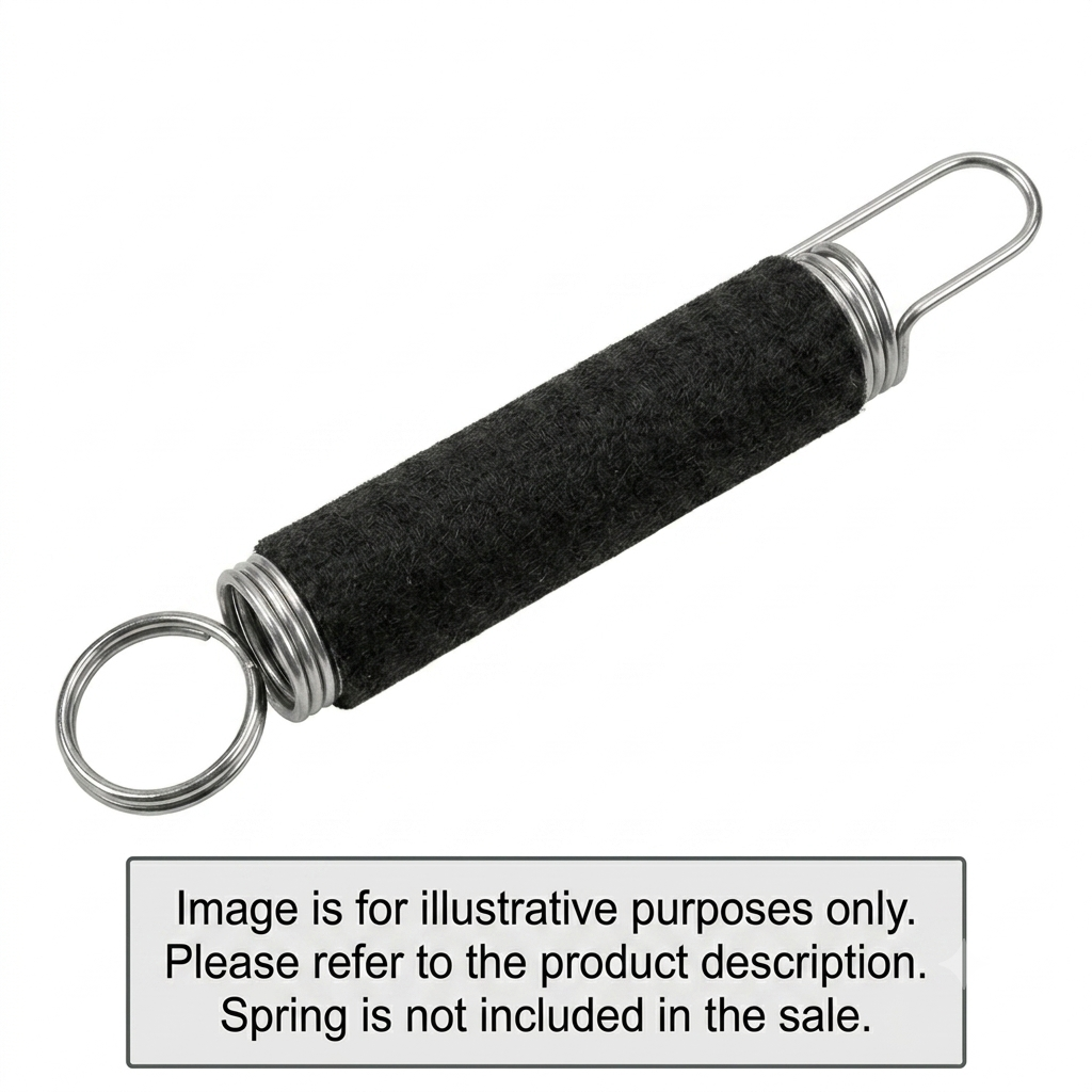 A product photograph of a black felt-like protective over-sleeve wrapped around a metal idler wheel tension spring, shown diagonally against a plain white background. The shiny metal coils of the spring, a circular key ring attachment on the left, and a U-shaped hook on the right are visible extending from the sleeve. A rectangular gray disclaimer box at the bottom reads: "Image is for illustrative purposes only. Please refer to the product description. Spring is not included in the sale.