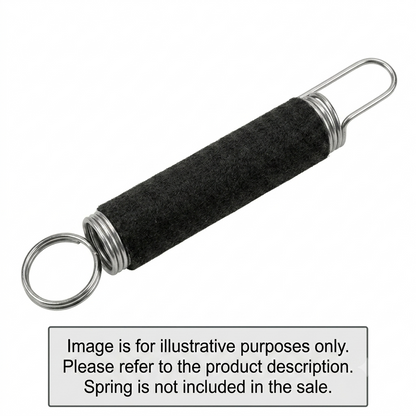 A product photograph of a black felt-like protective over-sleeve wrapped around a metal idler wheel tension spring, shown diagonally against a plain white background. The shiny metal coils of the spring, a circular key ring attachment on the left, and a U-shaped hook on the right are visible extending from the sleeve. A rectangular gray disclaimer box at the bottom reads: "Image is for illustrative purposes only. Please refer to the product description. Spring is not included in the sale.