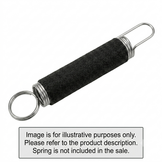 A product photograph of a black felt-like protective over-sleeve wrapped around a metal idler wheel tension spring, shown diagonally against a plain white background. The shiny metal coils of the spring, a circular key ring attachment on the left, and a U-shaped hook on the right are visible extending from the sleeve. A rectangular gray disclaimer box at the bottom reads: "Image is for illustrative purposes only. Please refer to the product description. Spring is not included in the sale.
