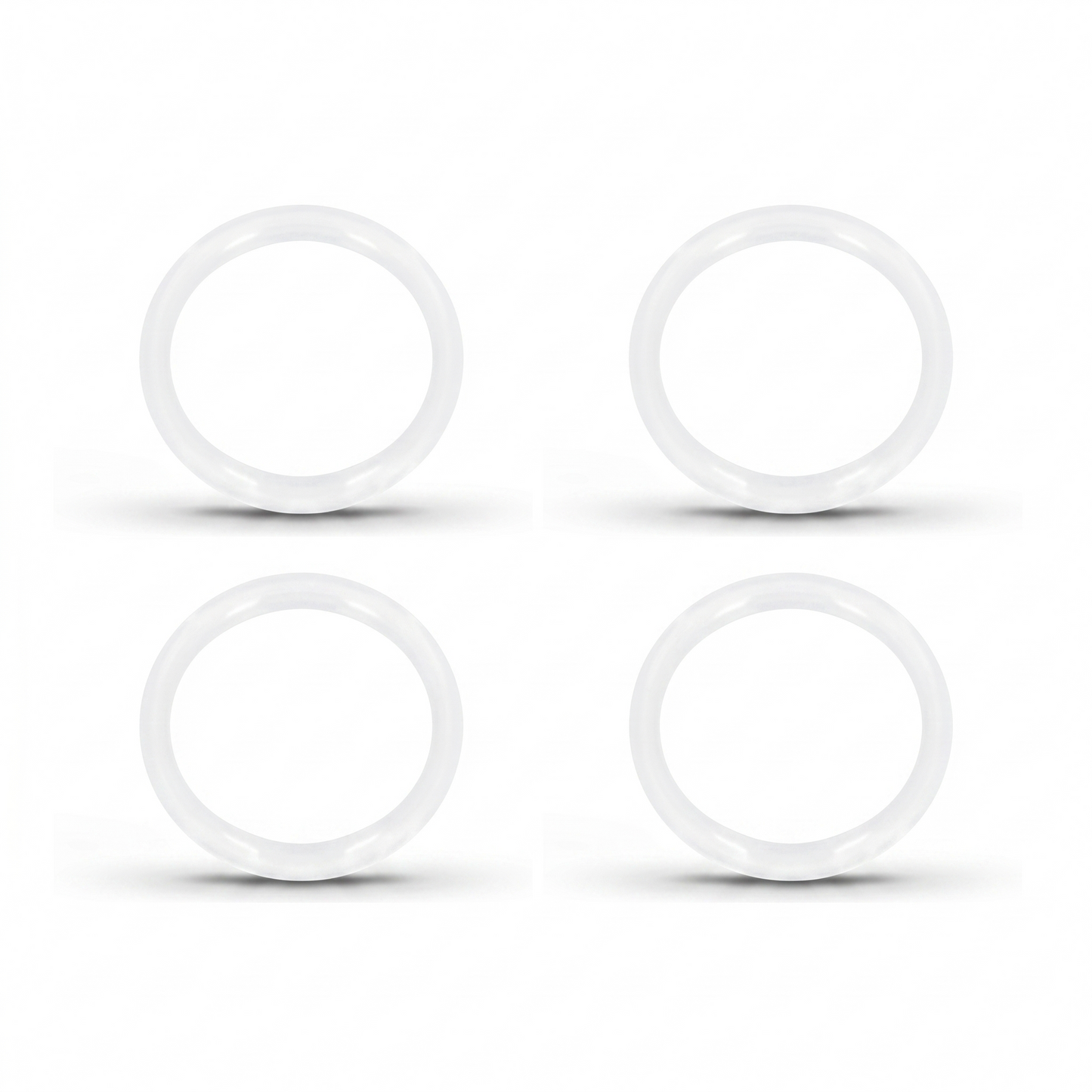 A product image showing a 4-pack of replacement translucent white silicone sealing rings for Grunwerg Drinkpod flasks. The four round rubber gaskets are arranged symmetrically in a two-by-two grid against a clean white background, each casting a soft shadow beneath it.