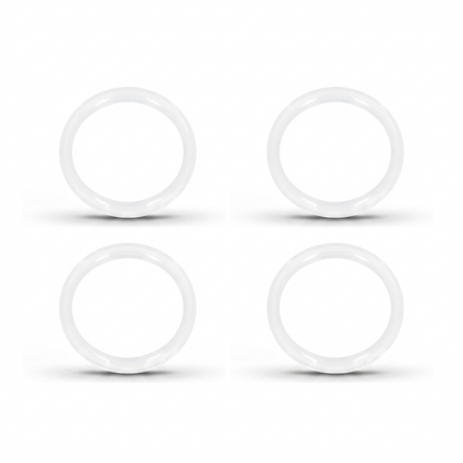 A product image showing a 4-pack of replacement translucent white silicone sealing rings for Grunwerg Drinkpod flasks. The four round rubber gaskets are arranged symmetrically in a two-by-two grid against a clean white background, each casting a soft shadow beneath it.