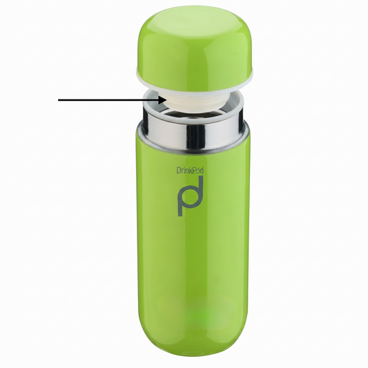 A lime green Grunwerg Drinkpod travel flask shown with its lid slightly raised. A black horizontal arrow points directly to the translucent white silicone sealing ring gasket positioned on the underside of the stopper lid, demonstrating where the replacement O-ring is installed.
