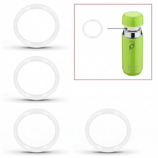 A product image displaying a 4-pack of translucent white silicone sealing rings for a Grunwerg Drinkpod flask. The left side shows three round gaskets stacked vertically, with a fourth at the bottom right. In the upper right corner, an inset diagram outlines a lime green Drinkpod flask with a black arrow pointing out where the O-ring gasket installs onto the stopper lid.
