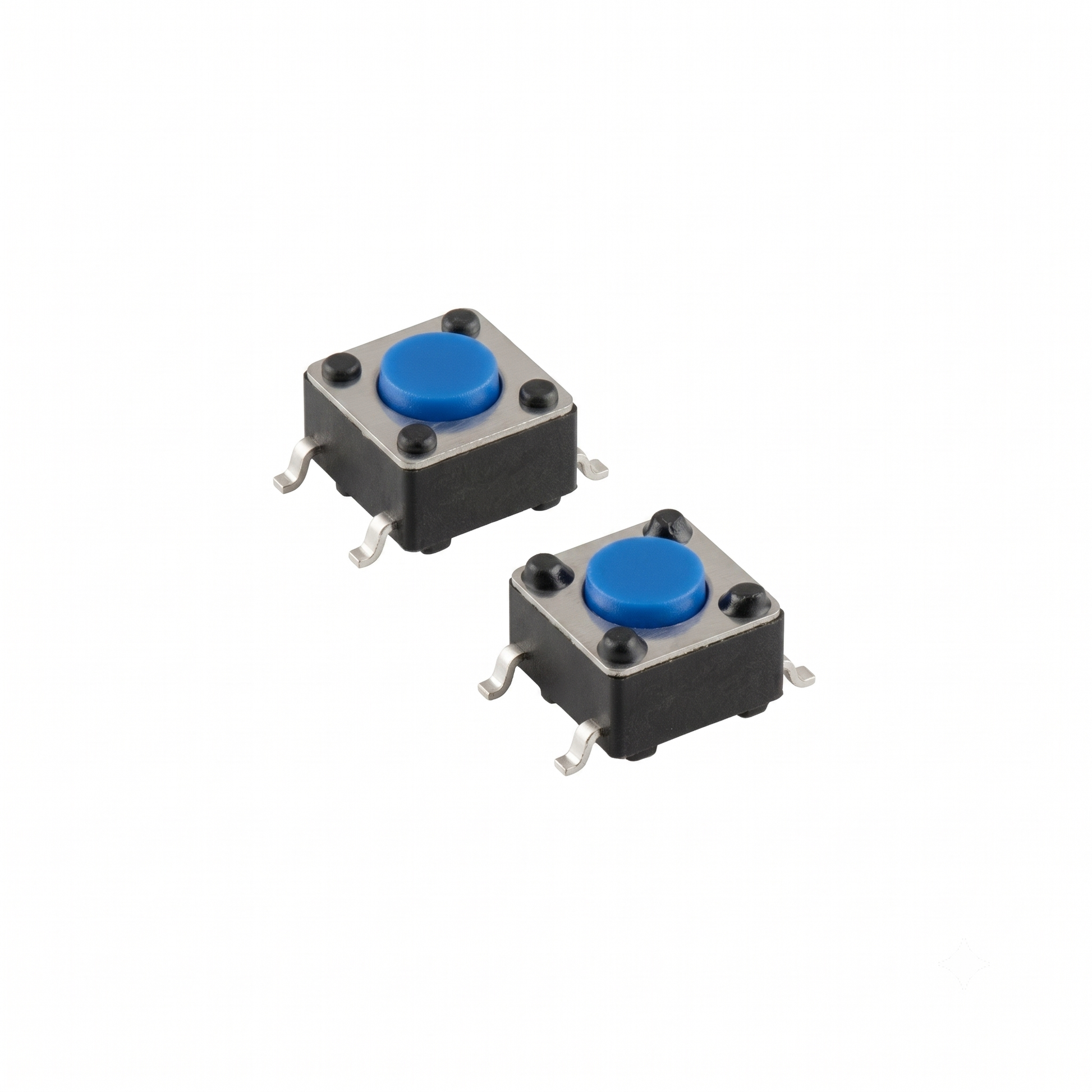 An isolated studio shot of a two-pack of upgraded power switches for a Gtech handheld vacuum, arranged diagonally against a seamless white background. Each component is a small, square tactile micro-switch featuring a black plastic housing body, a metallic silver top plate secured by four tiny rivets, and a vibrant blue circular push-button in the centre. Four gull-wing-shaped metallic solder leads extend from the sides for surface-mount installation.
