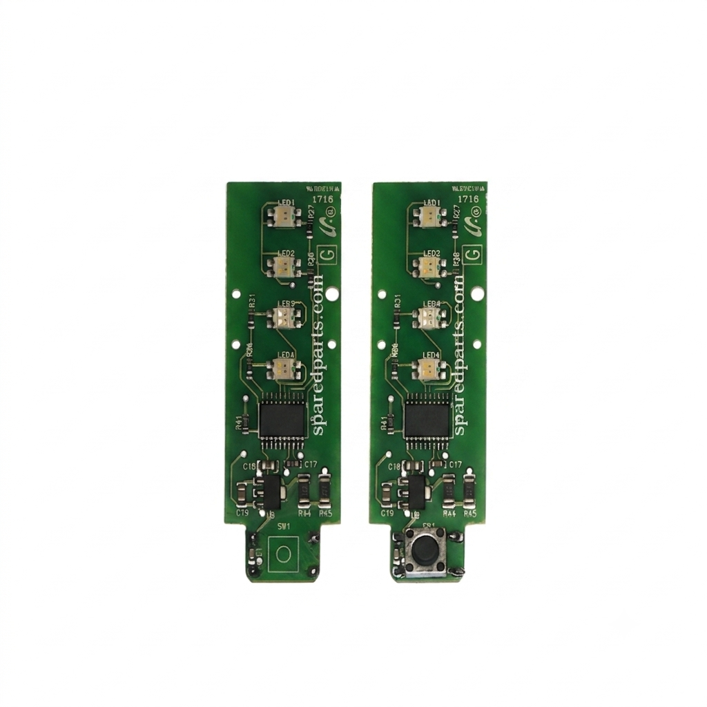 A side-by-side comparison image showing the front of two identical green rectangular printed circuit boards (PCBs) from a Gtech handheld vacuum, illustrating where the power switch is located.