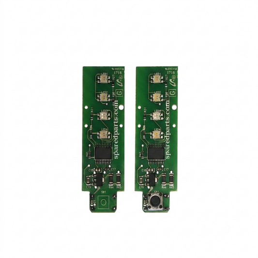 A side-by-side comparison image showing the front of two identical green rectangular printed circuit boards (PCBs) from a Gtech handheld vacuum, illustrating where the power switch is located.
