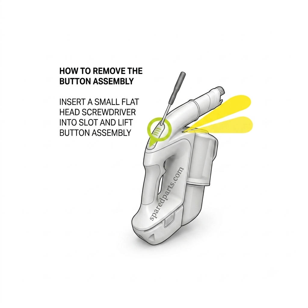 An instructional line drawing illustration detailing how to remove the button assembly from a Gtech handheld vacuum cleaner.