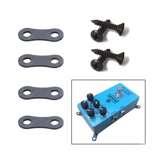 Guitar pedalboard mounting brackets kit including 4 metal link brackets, 4 black screws, and an example diagram showing them installed on a blue MXR analog chorus pedal.
