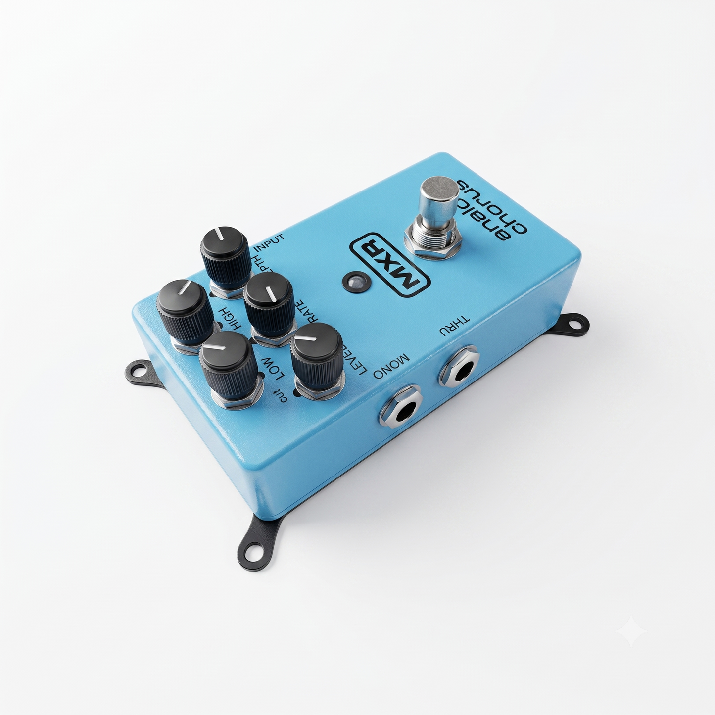 Blue MXR analog chorus guitar effects pedal shown with black metal pedalboard mounting brackets installed on all four corners, isolated on a white background.