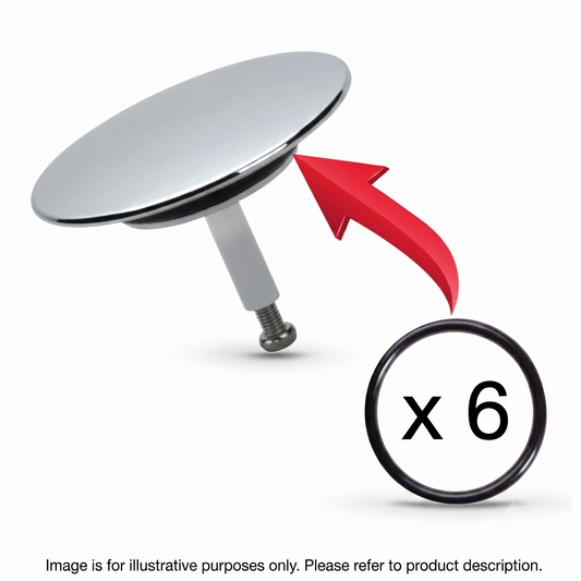 Hansgrohe 98066000 O-ring seal compatibility diagram showing a black rubber washer fitting onto a chrome pop-up bath waste plug unit (part 96153000), featuring a red arrow and a "x 6" pack indicator against a clean white background.