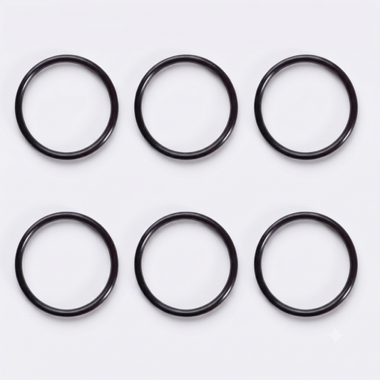 op-down view of six black rubber O-ring seals arranged neatly in a two-by-three grid against a clean, light grey background.