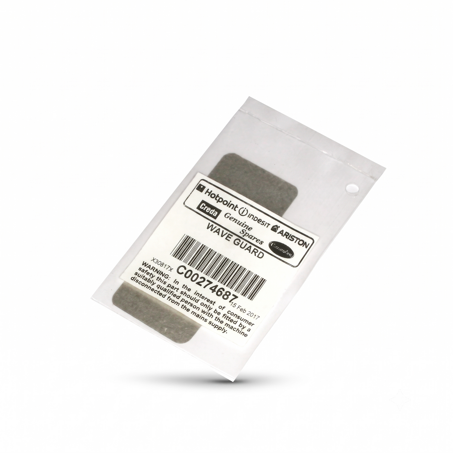 A genuine Hotpoint Indesit Ariston microwave wave guard (part number C00274687) inside its clear plastic packaging. The package features a white label with the brand logos, a barcode, and a safety warning stating the part should be fitted by a qualified person. The rectangular, grey-brown mica sheet is visible through the plastic.