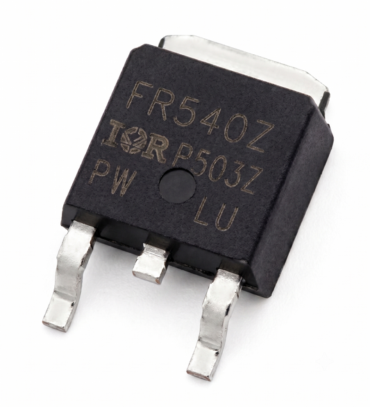 A black rectangular electronic component with three silver metal leads, featuring gold-colored printed text including 'FR540Z', 'IOP', 'P503Z', 'PW', and 'LU' on a white background.
