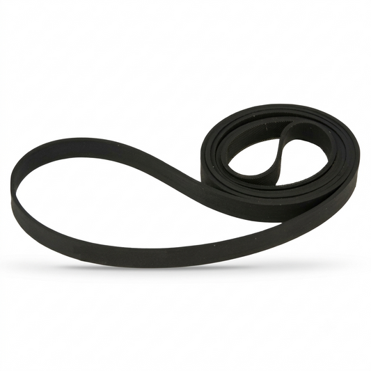 A high-resolution product photograph of a black rubber turntable drive belt, designed for JAM Audio record players. The flat, flexible belt is displayed against a clean, solid white background with a soft shadow underneath. Part of the belt is neatly coiled on the right side, while a single large loop extends out to the left, mimicking the exact shape and arrangement from the original product reference image.