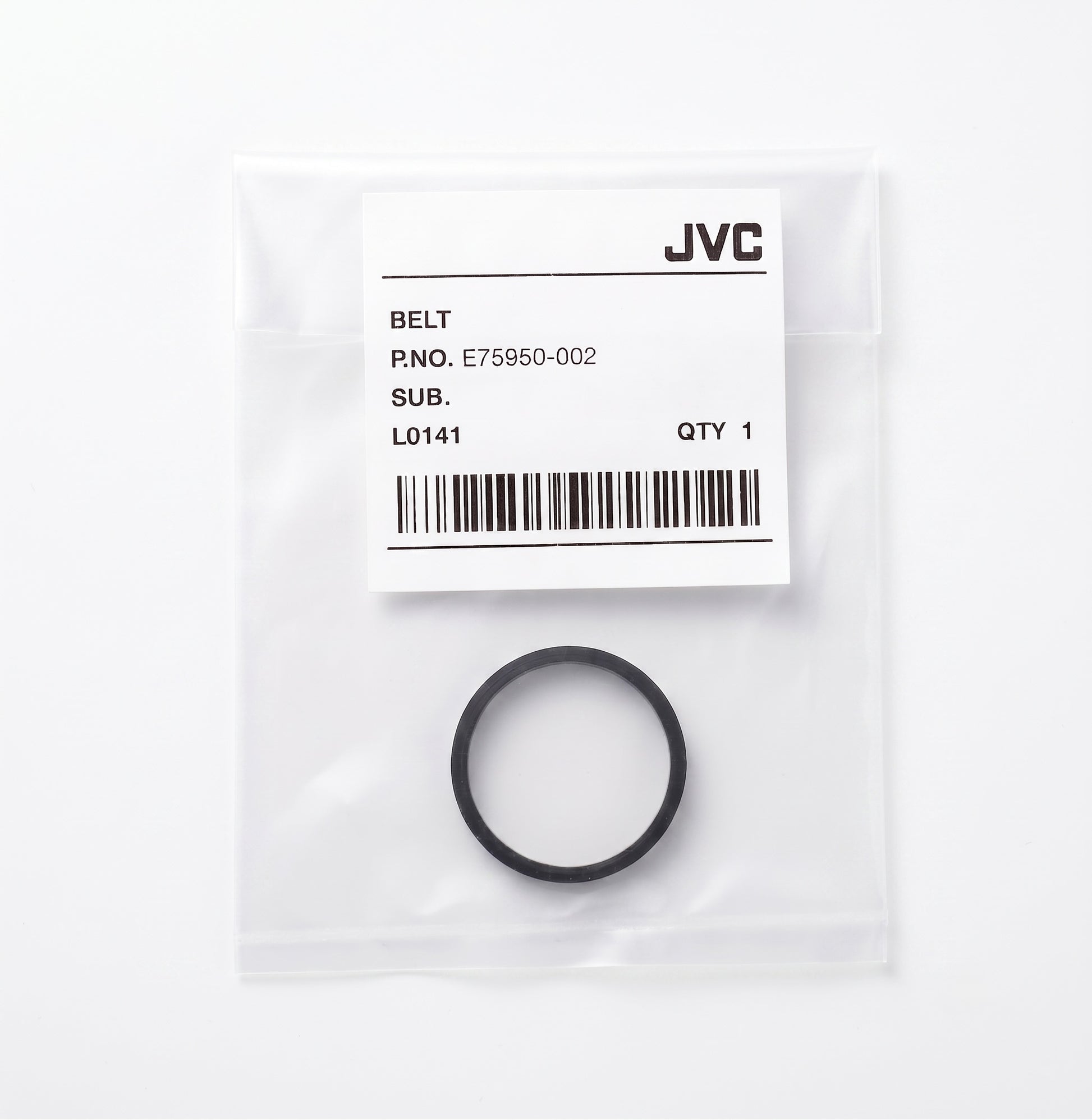 A black rubber belt replacement part inside a clear plastic packaging bag with a white JVC label.