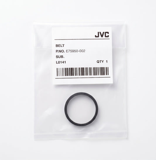A black rubber belt replacement part inside a clear plastic packaging bag with a white JVC label.