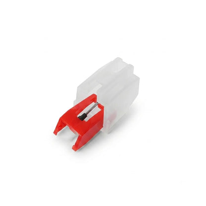 A studio product shot of a full turntable cartridge and stylus assembly, featuring a bright red stylus piece attached to a semi-transparent, white plastic cartridge body, isolated on a solid white background.