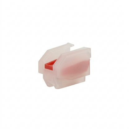 A studio product shot of a semi-transparent, white plastic turntable cartridge body without the needle assembly, shown at an angle against a solid white background.