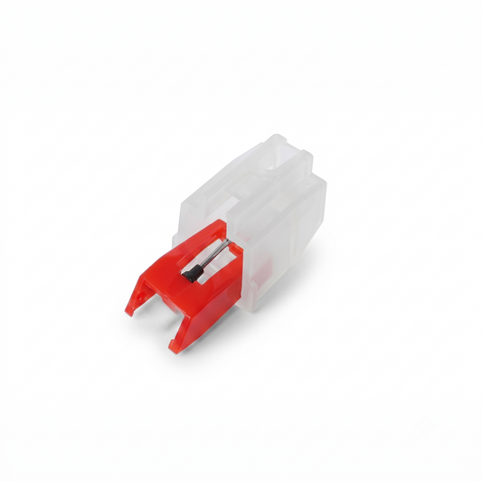 A studio product shot of a full turntable cartridge and stylus assembly, featuring a bright red stylus piece attached to a semi-transparent, white plastic cartridge body, isolated on a solid white background.