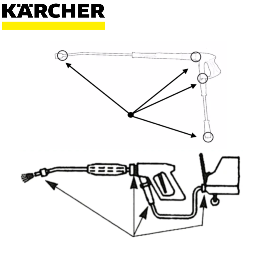 Diagram of a Kärcher pressure washer with lance and nozzle attachment on a white background.
