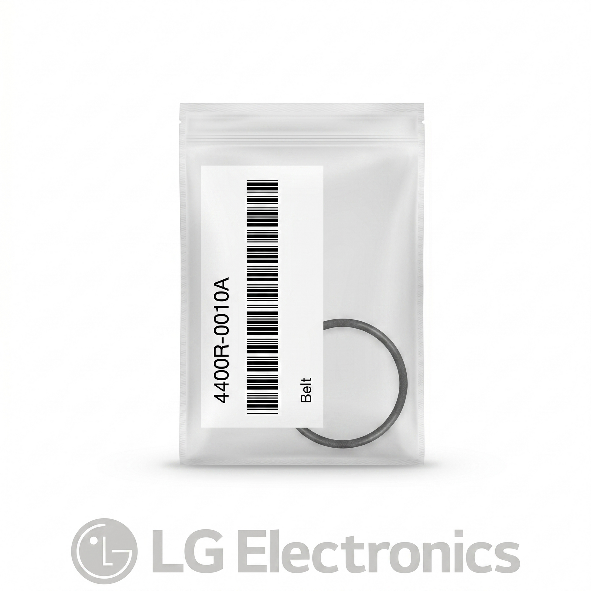 A product shot featuring a small, circular black rubber belt enclosed inside a clear, sealed plastic ziplock packet. A large white sticker label is affixed vertically over the center-left side of the bag, containing a prominent black barcode, the text "Belt", and the part number "4400R-0010A" printed sideways.