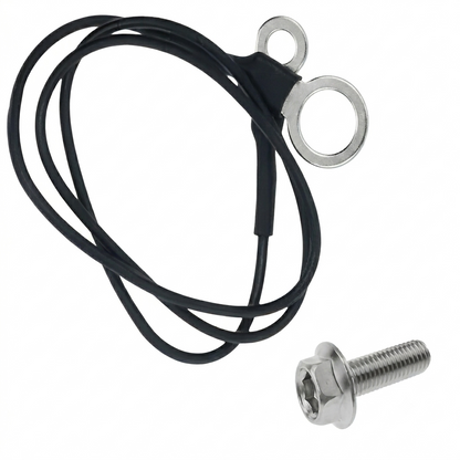 A high-resolution product shot of a Linn LP12 turntable sub-chassis earth lead and grounding bolt against a clean white background. The black grounding wire is wound into three neat loops, bound at one end with black heat-shrink tubing and featuring two silver ring terminals of different sizes. To the bottom right sits a matching bright stainless steel flanged hex head bolt with detailed, crisp threading.
