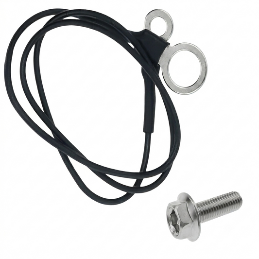 A high-resolution product shot of a Linn LP12 turntable sub-chassis earth lead and grounding bolt against a clean white background. The black grounding wire is wound into three neat loops, bound at one end with black heat-shrink tubing and featuring two silver ring terminals of different sizes. To the bottom right sits a matching bright stainless steel flanged hex head bolt with detailed, crisp threading.