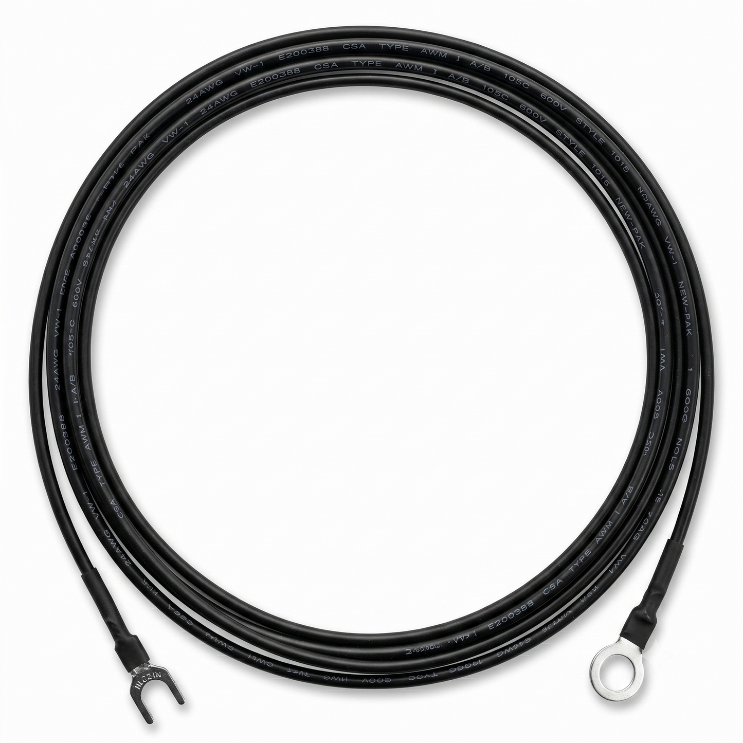 A top-down, studio shot of a black external earthing wire for a Linn LP-12 turntable, coiled into a perfect circle against a clean white background.The wire features different terminals at each end: the bottom-left end terminates in a silver metal fork (spade) connector, while the bottom-right end terminates in a silver metal ring connector. Both connections are neatly sealed with black heat-shrink tubing.