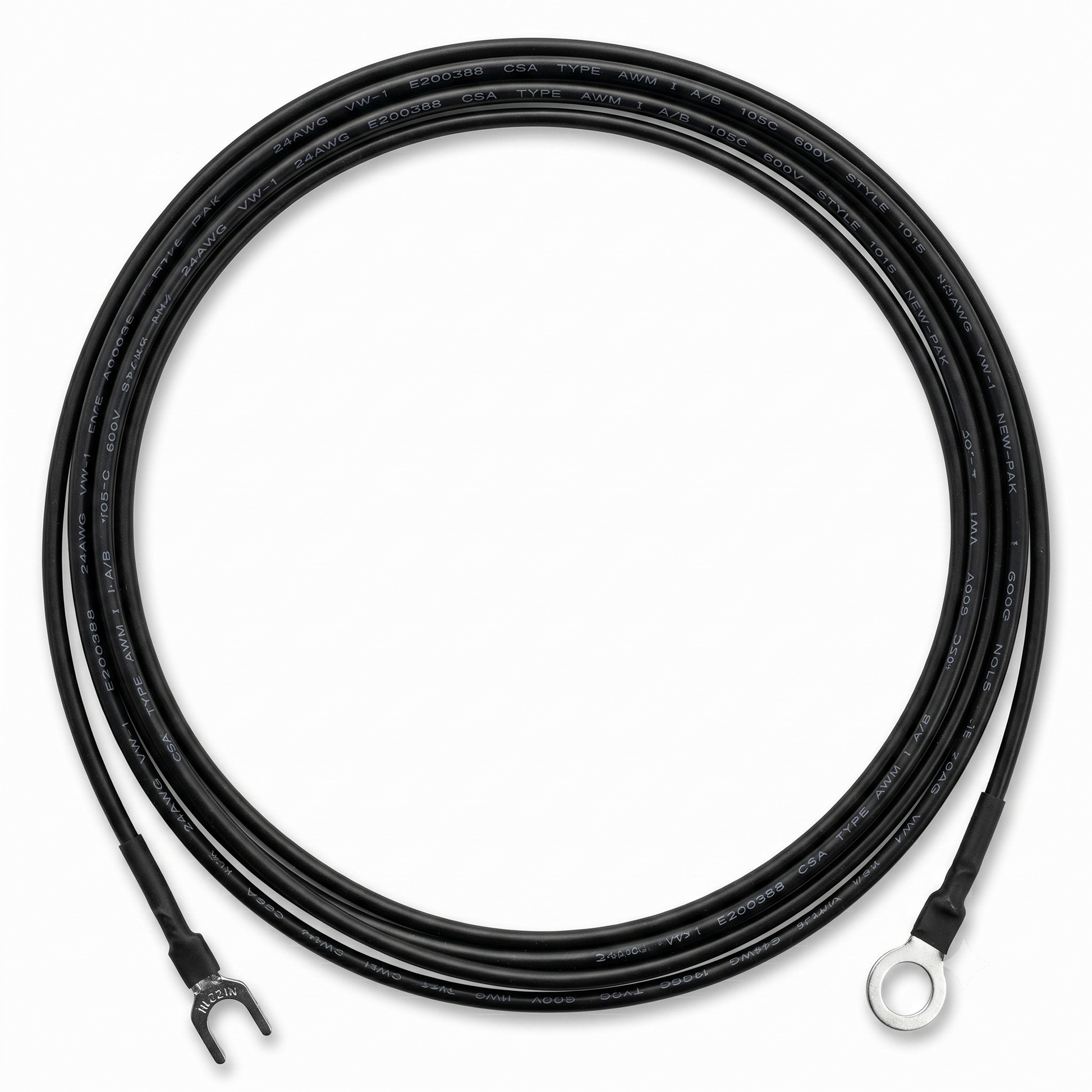 A top-down, studio shot of a black external earthing wire for a Linn LP-12 turntable, coiled into a perfect circle against a clean white background.The wire features different terminals at each end: the bottom-left end terminates in a silver metal fork (spade) connector, while the bottom-right end terminates in a silver metal ring connector. Both connections are neatly sealed with black heat-shrink tubing.