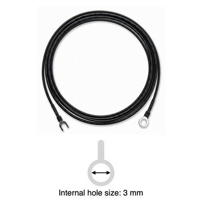 An informational product image featuring a black external earthing wire for a Linn LP-12 turntable coiled in a circle against a white background, combined with a technical specification graphic below it.