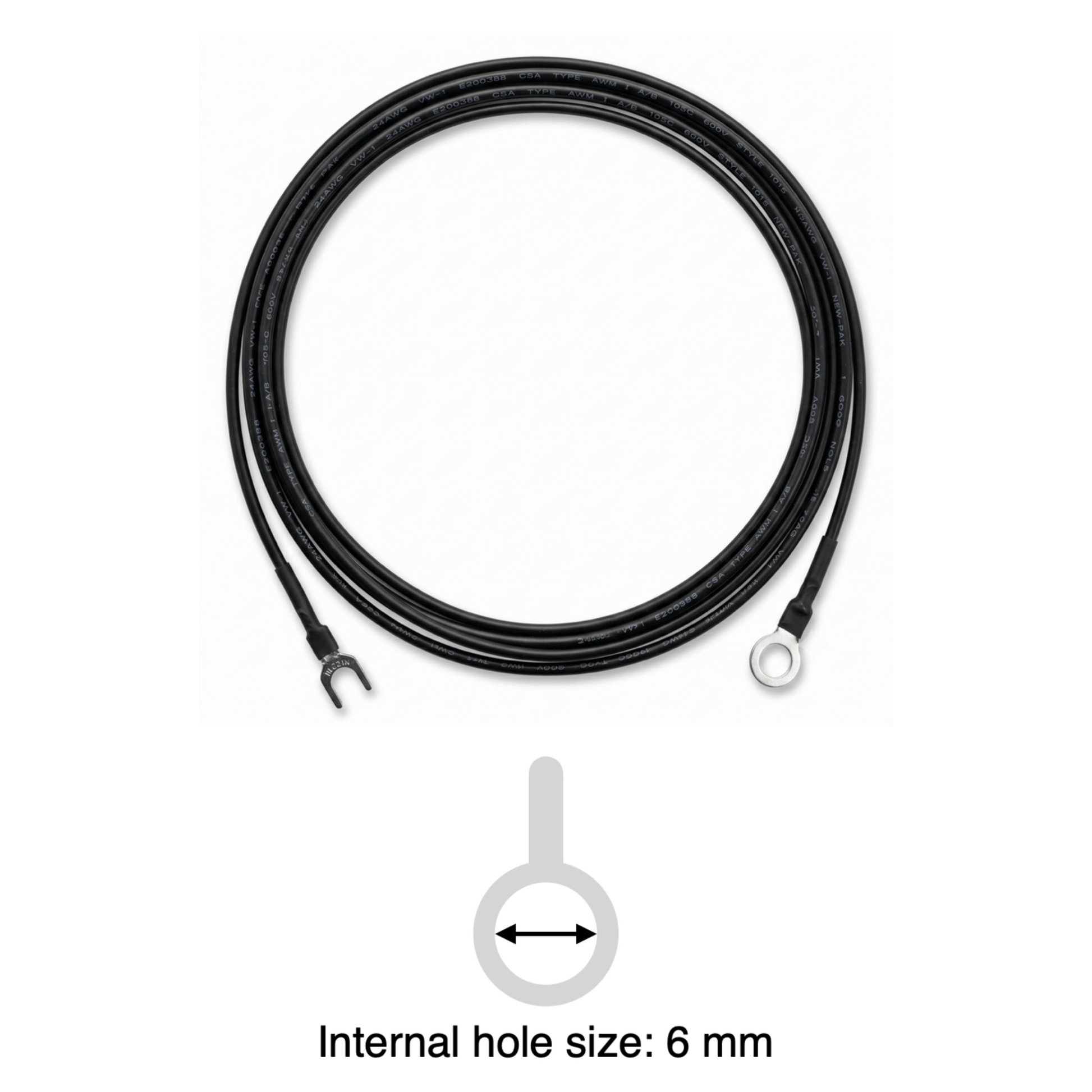 An informational product image featuring a black external earthing wire for a Linn LP-12 turntable coiled in a circle against a white background, combined with a technical specification graphic below it.