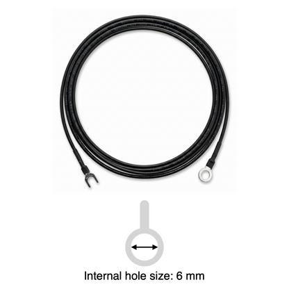 An informational product image featuring a black external earthing wire for a Linn LP-12 turntable coiled in a circle against a white background, combined with a technical specification graphic below it.