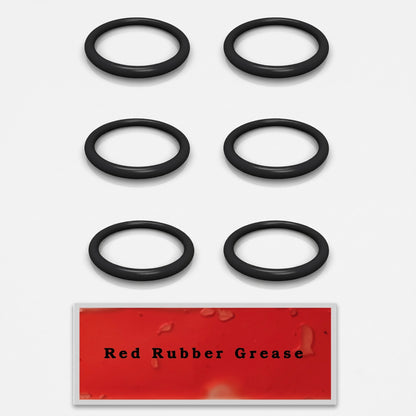 Six black rubber O-rings arranged in two columns above a red rectangular label that reads 'Red Rubber Grease' on a light gray background.