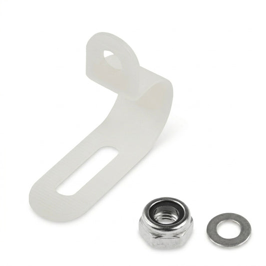 High-resolution product shot of a Linn Sondek LP12 arm cable mounting kit component, featuring a semi-transparent white nylon P-clip, a metallic nylon-insert lock nut, and a flat metal washer, isolated on a clean, solid white background.