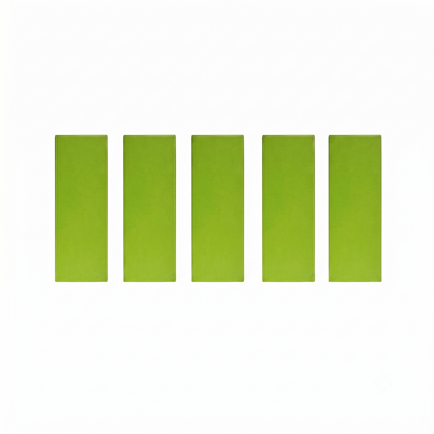 Five green rectangular Linn Green Stylus  Papers cleaners on a white background.