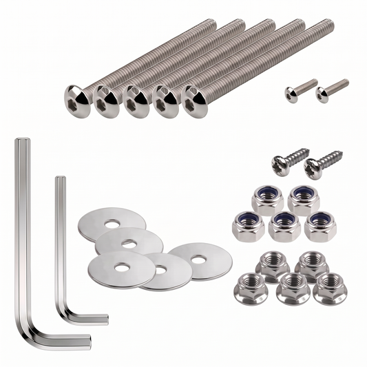 A studio shot of a polished silver hardware kit laid out on a white background. The set includes multiple long hex-head machine bolts of varying lengths, two small pan-head screws, two L-shaped Allen keys, a stack of flat metal washers, five nylon-insert lock nuts, and five flanged nuts. All components are made of reflective, chrome-like metal.