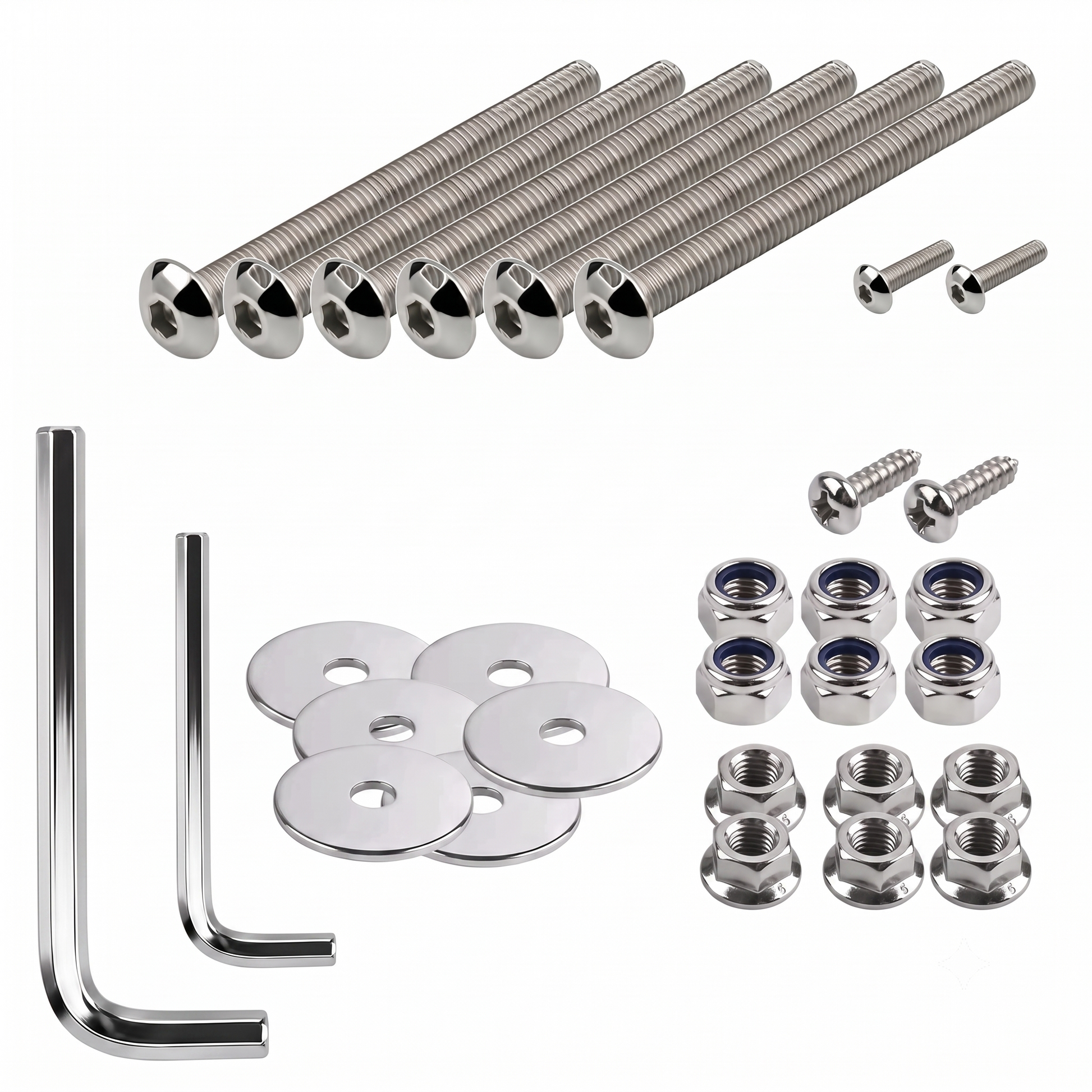 A studio shot of a polished silver hardware kit laid out on a white background. The set includes multiple long hex-head machine bolts of varying lengths, two small pan-head screws, two L-shaped Allen keys, a stack of flat metal washers, five nylon-insert lock nuts, and five flanged nuts. All components are made of reflective, chrome-like metal.