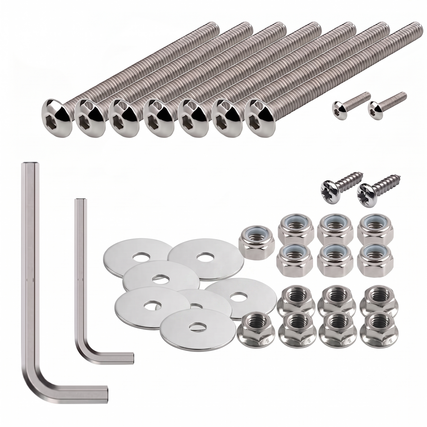 A studio shot of a polished silver hardware kit laid out on a white background. The set includes multiple long hex-head machine bolts of varying lengths, two small pan-head screws, two L-shaped Allen keys, a stack of flat metal washers, five nylon-insert lock nuts, and five flanged nuts. All components are made of reflective, chrome-like metal.
