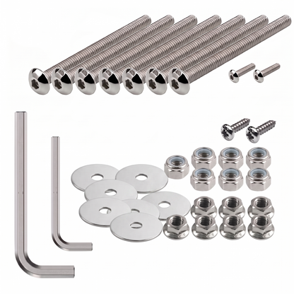 A studio shot of a polished silver hardware kit laid out on a white background. The set includes multiple long hex-head machine bolts of varying lengths, two small pan-head screws, two L-shaped Allen keys, a stack of flat metal washers, five nylon-insert lock nuts, and five flanged nuts. All components are made of reflective, chrome-like metal.