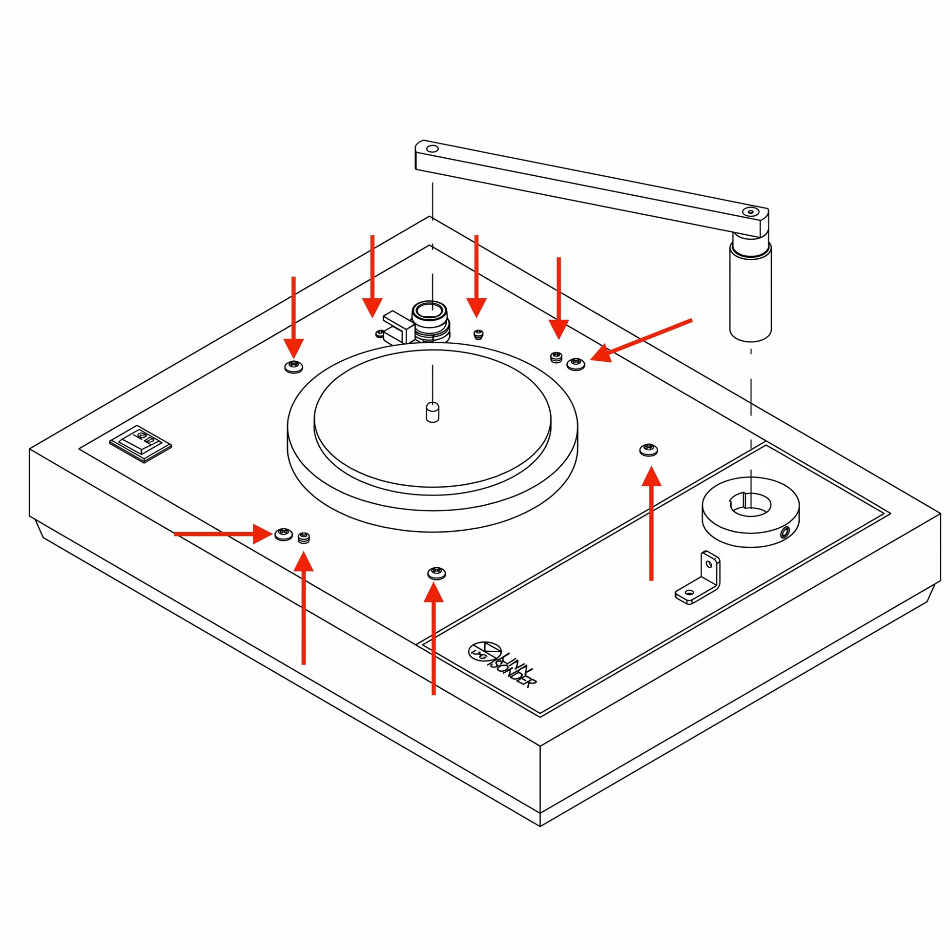 An isometric line drawing diagram of a turntable, presented in high-definition against a solid white background. The technical illustration depicts a Linn Sondek LP12 turntable plinth layout with clear black outlines. Several red arrows point directly to various small screws and adjustments on the top plate. An exploded-view armboard attachment is positioned above its mounting location on the right. A small metal bracket is visible on the lower-right section of the armboard area.